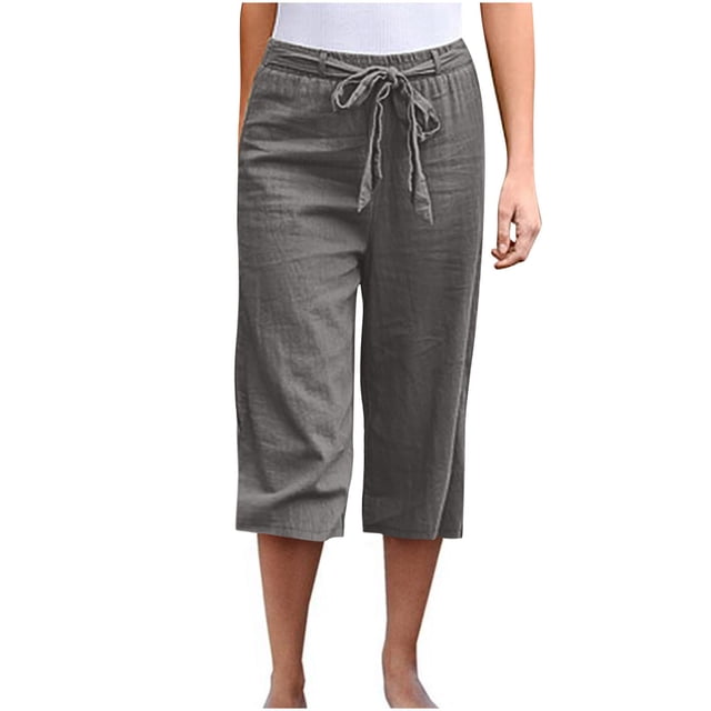 Dealovy Capri Pants for Women Cotton Linen Plus Size Drawstring Waisted Lightweight Cropped Trousers