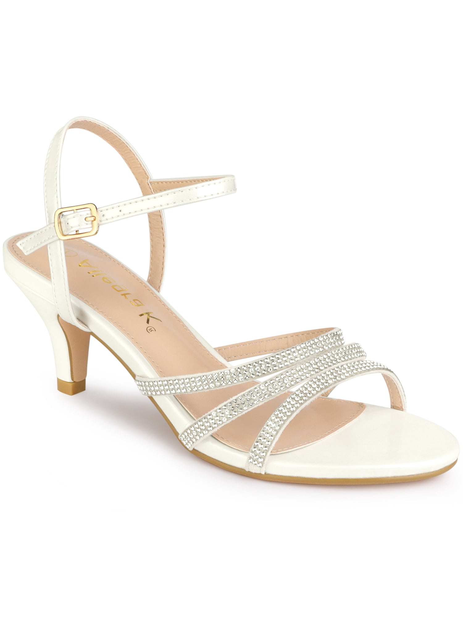 BLISSFUL STEP Women's Shoes Rhinestone Ankle Strap Kitten Heel Open Toe PU Buckle Sandals White 6