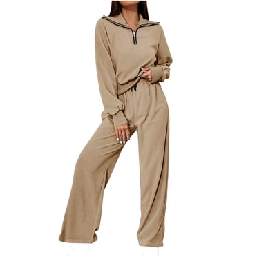 Pisexur Ensemble de Survêtement pour Femmes, Mode Décontractée, Couleur Unie, Ensemble de Détente, Tenue Deux Pièces pour Femmes, Manches Longues, Col à Revers, Chandails à Fermeture Éclair 1/4, Pantalons à Cordon, Survêtements, Tenues de Vacances