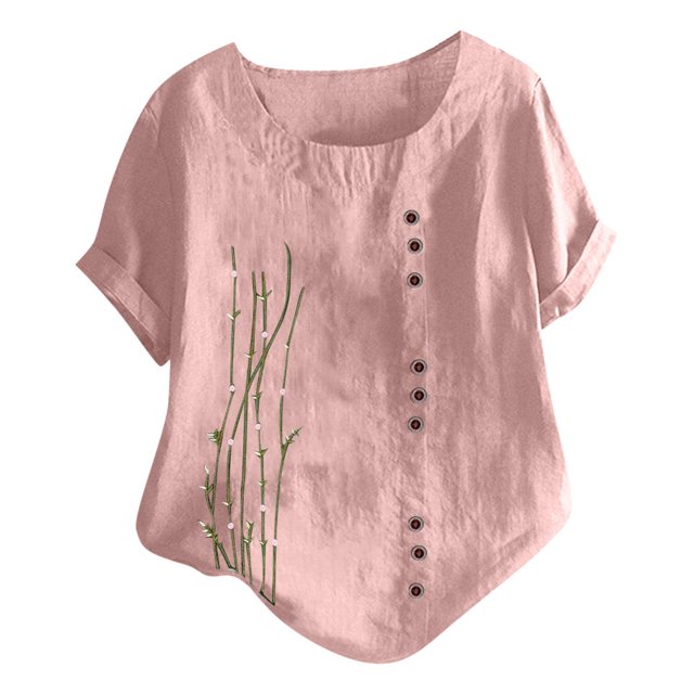 Birdeem Femmes Manches Courtes Décontracté Col Rond Imprimé Ample Bouton Tunique Chemise Blouse Hauts