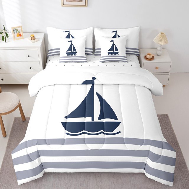 Erosebridal Literie Bateau Bleue Format Grand, Ensemble de Lit Océan Mer Format Grand, Décoration de Chambre Nautique, Réversible, Léger, 7 Pcs
