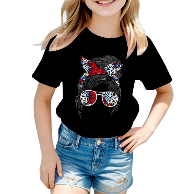 LUOGENLI T-Shirt pour Filles Enfant Filles Mignon Imprimé Graphique Col Rond Manche Courte Tee Été Décontracté T-Shirt Chandails pour Filles Tendance Été Court Noir 11-12 Ans