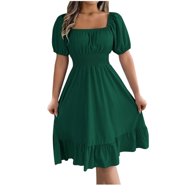 HomeGardon Liquidation de Robes d'Été! Robes pour Femmes 2025, Robe d'Été Décontractée pour Femme à Manches Courtes, Taille Cintrée, Couleur Unie, P-TG