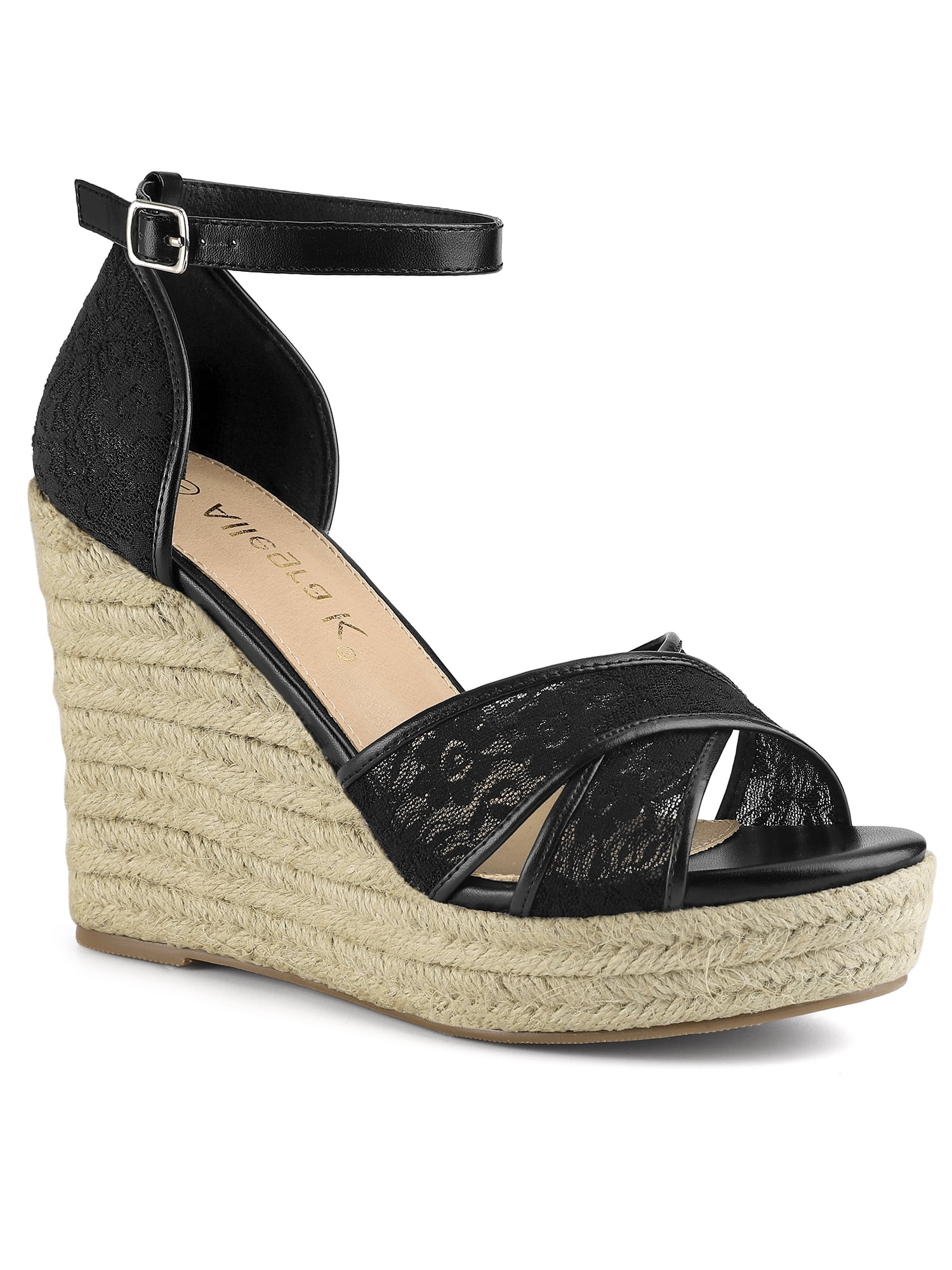 BLISSFUL STEP Women's Shoes Floral Lace Espadrille Wedge Heel Open Toe Sandals Black 9