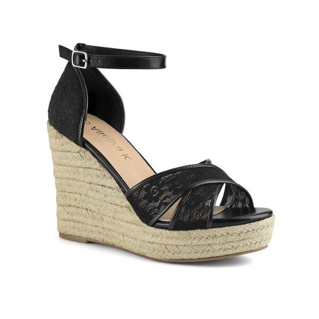 BLISSFUL STEP Chaussures pour Femmes Sandales Espadrilles à Lacets Floraux à Talon Compensé à Bout Ouvert Noir 9