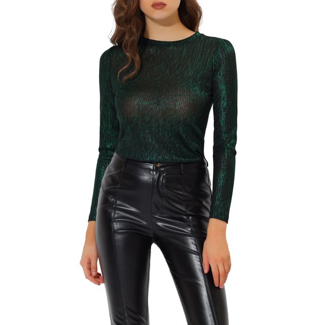 INSPIRE CHIC Haut pour Femme à Manches Longues Scintillant Pailleté Brillant Métallisé Hauts TP Vert