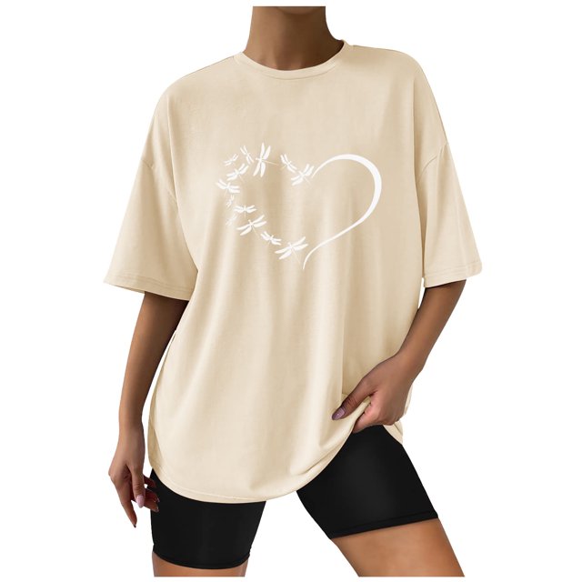 EQWLJWE Hauts d'Été pour Femmes Hauts pour Femmes Liquidation Mode Femme Uni Col Rond Imprimé T-Shirt à Manches Courtes Impression Blouse Ample Hauts