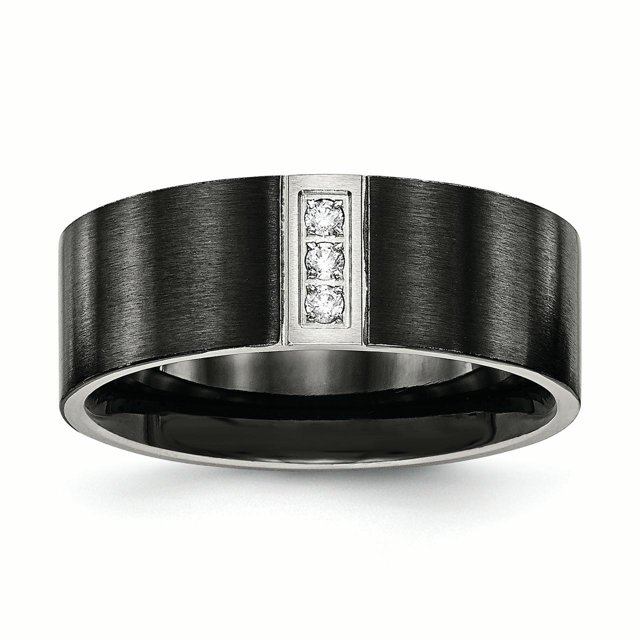 Stainless Steel Brushed Black IP Flat Three CZ Ring Size 8.5