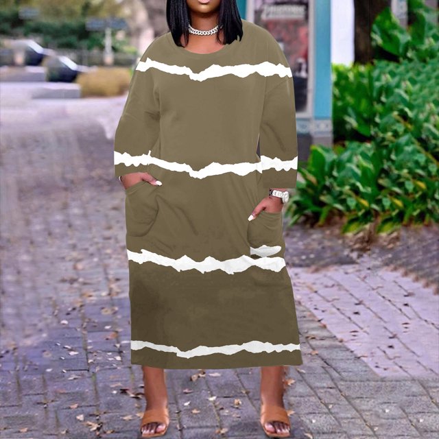 mtvxesu Robes pour Femmes Grande Taille, Robe Grande Taille pour Femmes à Col Rond, Robes d'Été Décontractées avec Poche, Manches Longues Jusqu'au Genou avec Poches, Robes Mini