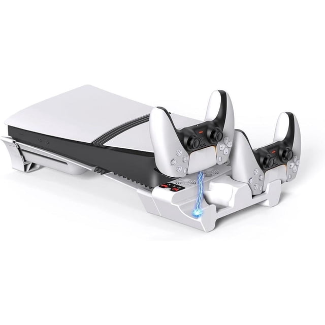 Horizontal Cooling Station for PS5 Slim/Pro Disc/Digital Edition with Controller Charger, designed for stable placement and improved ventilation. Features dual controller charging docks, a 3-level silent cooling fan system with blue LED lighting, and compatibility with PS5 Slim and PS5 Pro models. Ideal gaming accessory for PlayStation users, not fit for 2020 PS5 Standard Version.
