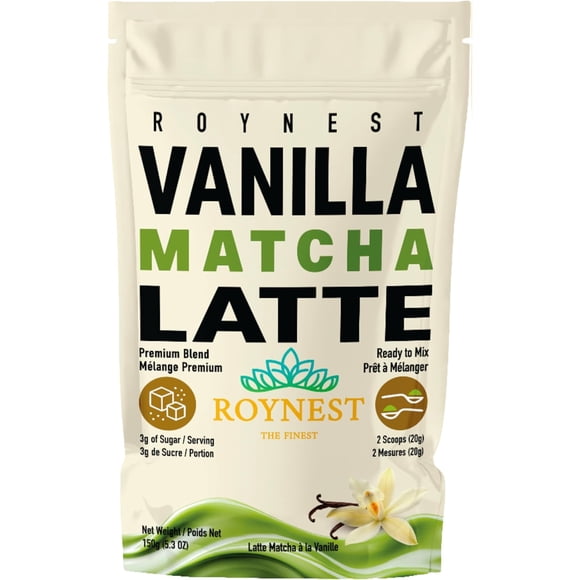 Roynest Vanilla Matcha Latte Powder | Ready to Mix Vanilla Matcha Latte for Iced Lattes, Smoothies and Cold Drinks | Clean Energy | 150g Reseleable Pouch | 1 Pack