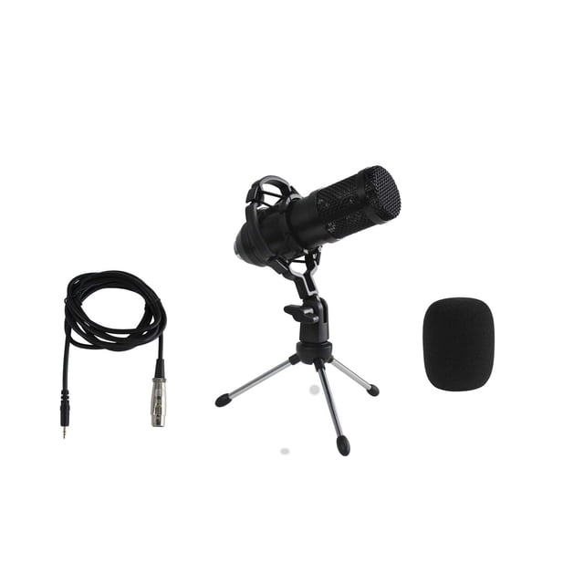 Podcast Microphone Kit with a black unidirectional microphone mounted on a tripod stand with silver legs and black rubber feet, including a black foam windscreen and an XLR to 3.5mm cable, suitable for podcasting, voice-overs, and streaming.
