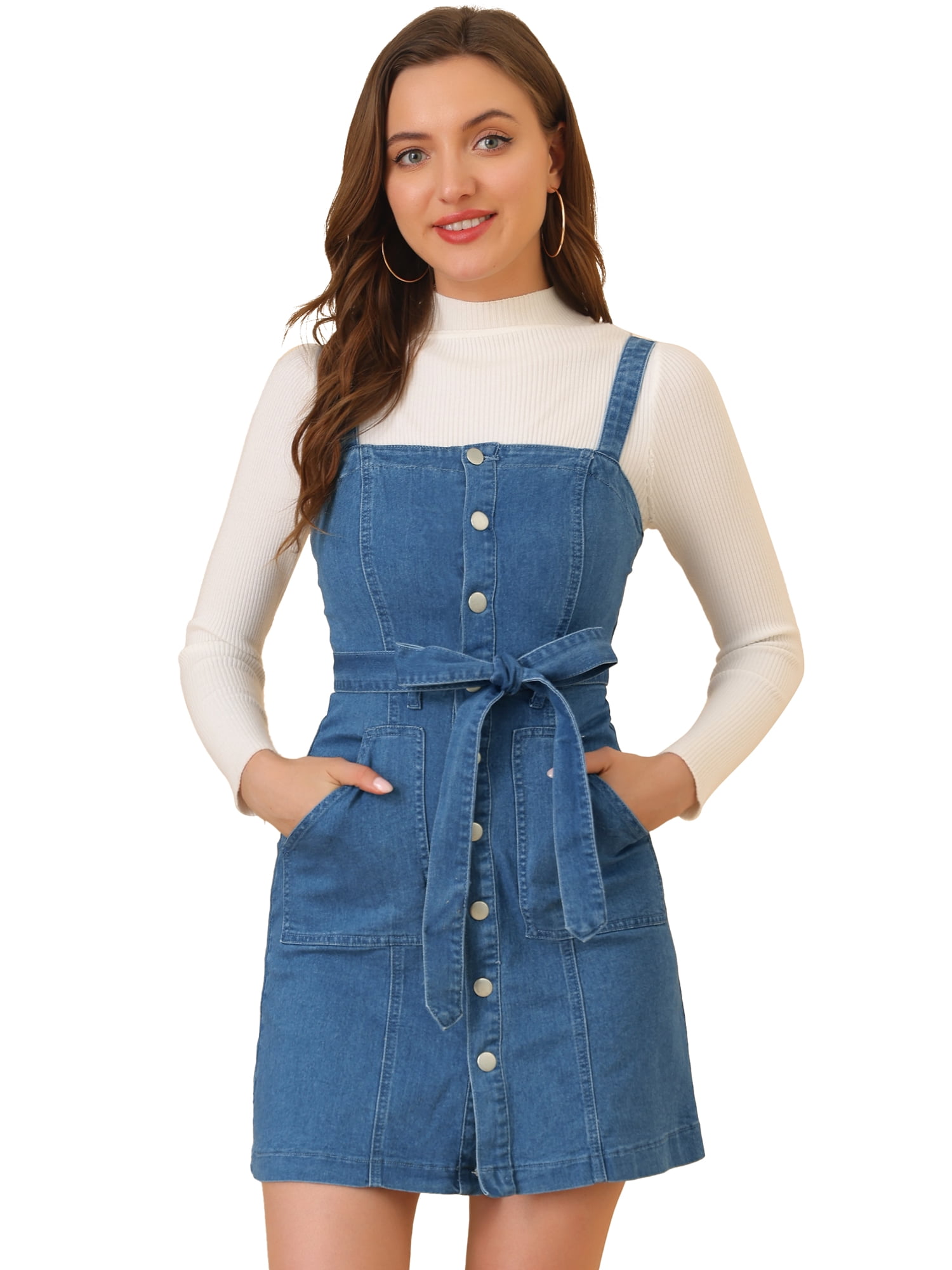 INSPIRE CHIC Women's Classic Adjustable Strap A-Line Overall Denim Dress