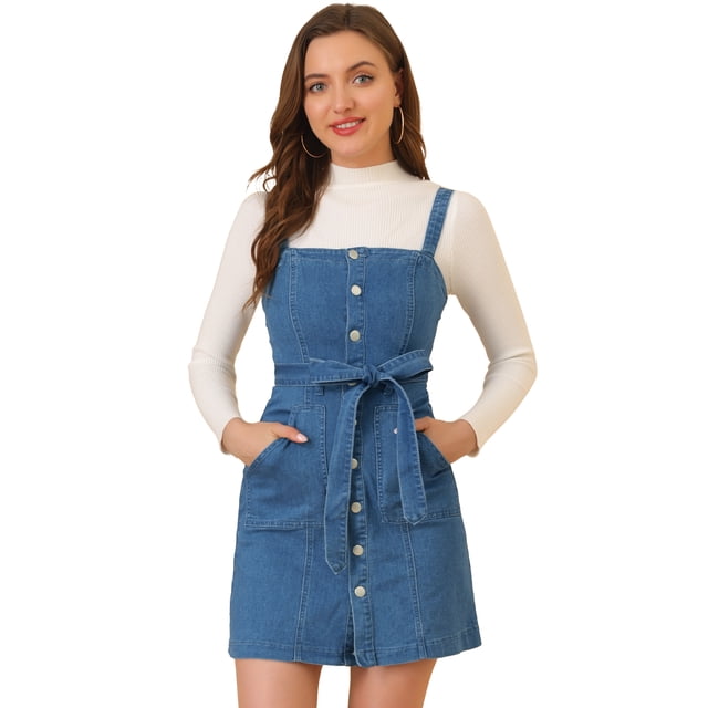 INSPIRE CHIC Robe Salopette en Denim Classique pour Femmes à Bretelles Ajustables, Coupe Trapèze