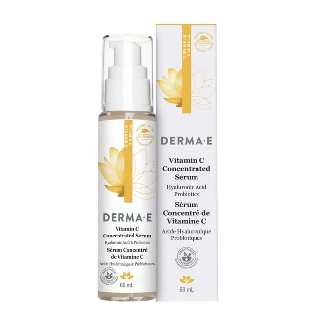 Vitamin C Serum with Hyaluronic Acid by DERMA E, a 60 mL clear pump bottle and white box with yellow floral design, dermatologist recommended facial serum formulated with probiotics for hydration, brightening, and anti-aging benefits.