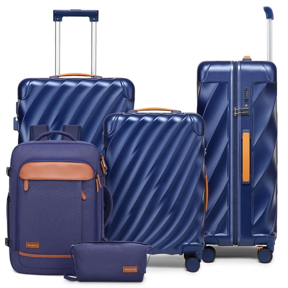 Joyway 5-Piece Luggage Set PC Ultra-Hard Shell Lightweight Suitcase TSA Lock Brake Spinner Wheels (20/24/29) with Backpack Blue