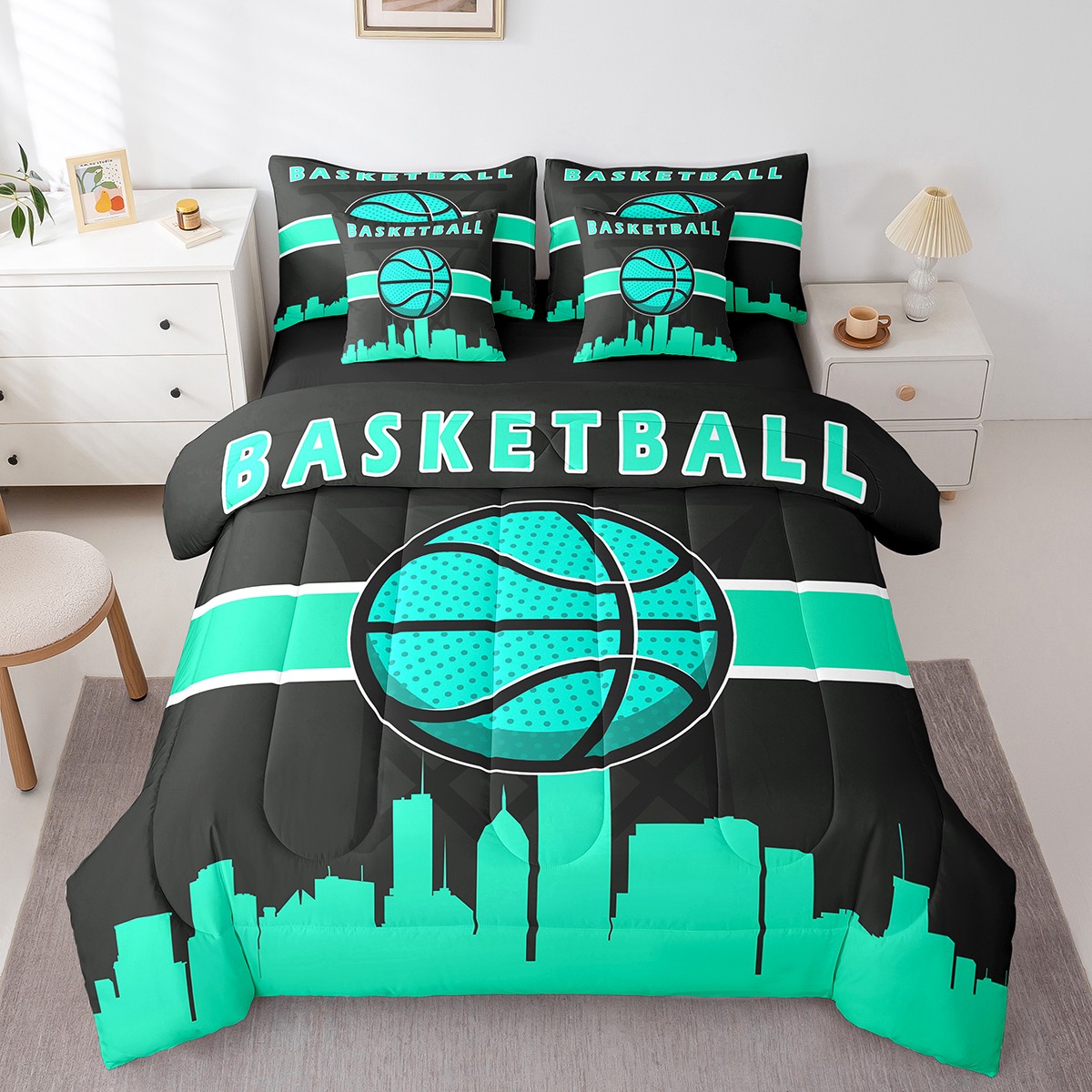 YST Ensemble de Literie Sport 7 Pcs pour Adolescents Garçons, Basketball, Lit Complet, Sarcelle Noir
