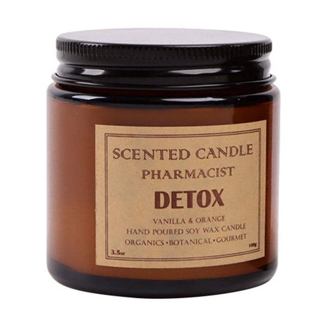 Matoen12 Clearance Gifts Lavender Candles for Home Scented Aromatherapy Candles Gift Jar Candles. A brown glass jar candle with a black screw-on lid, labeled 'Scented Candle Pharmacist Detox' featuring vanilla and orange scents. Made from natural soy wax, it offers a long-lasting burn and is ideal for home décor or gifting. The compact size measures approximately 2.44 x 2.55 inches, making it suitable for various spaces.