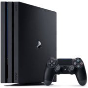 Sony PlayStation 4 Pro 1 To Console, Noir, RB3001510 (Remis à Neuf). une Vue Frontale de la Console PS4 Pro Noire au design Épuré et à Couches, Accompagnée d'Une Manette Sans Fil DualShock 4. la Console Offre un Jeu Amélioré avec un CPU et un GPU Améliorés, des Taux d'Images Plus Rapides, et une Compatibilité avec Tous les Jeux PS4. Comprend un Câble HDMI, un Casque Mono, un Câble d'Alimentation et un Guide de Démarrage Rapide.