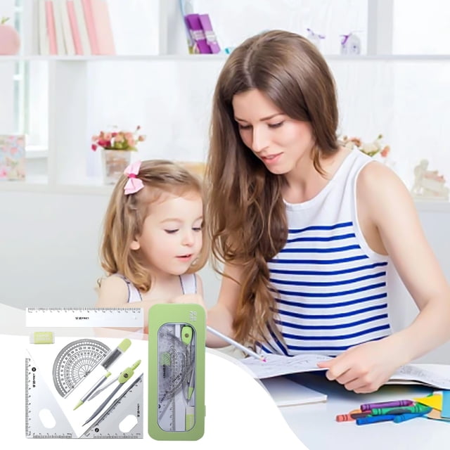 Ensemble de Kit de Mathématiques et Géométrie 7 Pcs Fournitures pour Étudiants avec Boîte de Rangement Incassable, Comprend Règles, Rapporteur, Boussole, Recharges de Plomb pour Crayon, Crayon, Gomme.pour Dessins d'Ingénierie.fournitures Scolaires