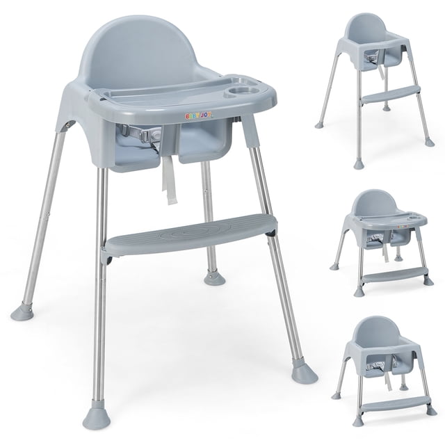 Babyjoy 4-in-1 Convertible Baby High Chair Feeding with Removable Double Tray & Footrest in grey. Features a pyramid structure with stainless steel legs, non-slip foot pads, and a 3-point safety harness. Includes a removable double tray with a built-in cup holder, adjustable in two positions, and a wide backrest for comfort. Suitable for children aged 6-36 months, with a weight capacity of 33 lbs. Can be converted into a toddler chair.