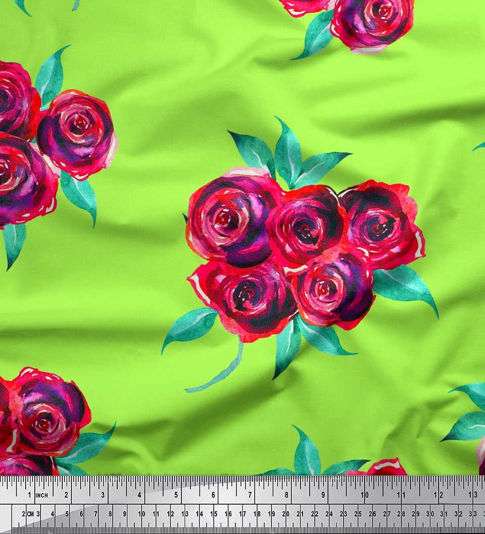 Soimoi Tissu de Popeline de Coton Vert Feuilles & Rose Imprimé Floral 1 Yard 56 Inch Wide