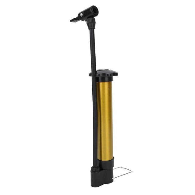 Bike Pump Floor, Advanced Bike Tire Inflator with dual-valve compatibility for Presta and Schrader valves. Features a durable aluminum cylinder in a gold finish, reinforced plastic handle, and a rubberized base for stability. Compact and portable design suitable for road and mountain bikes, balls, and swim inflatables. Lightweight and versatile for both floor and handheld use, with a maximum pressure capacity of 160 PSI.