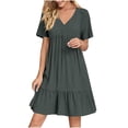 thumbnail image 1 of LOVZFMLL Robes d'Été pour Femmes Décontractées à Manches Courtes Col en V à Volants Robe de Plage Fluide Longueur Genou Gris Foncé 5TG, 1 of 9