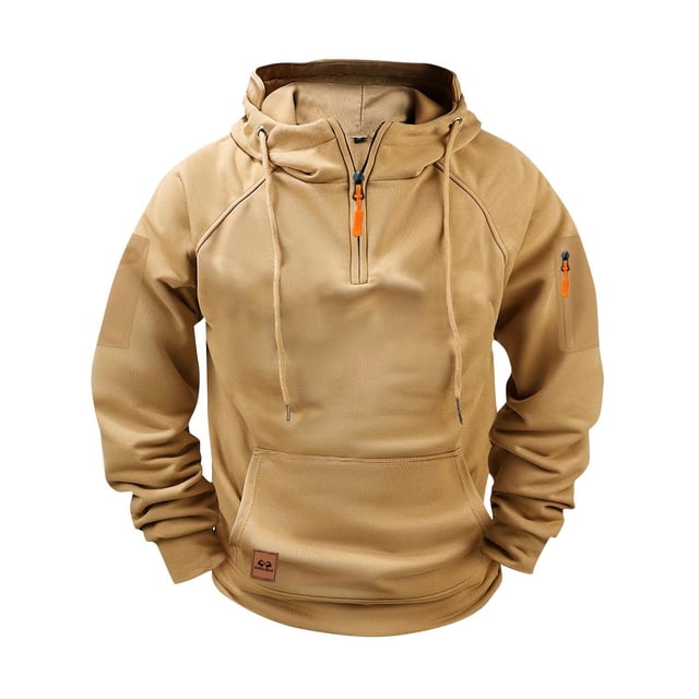 yardsong Mens Vintage Cargo Quarter Zip Hoodie Drawstring Tactical Workout Running Sweatshirt with Pockets Dark Brown,M