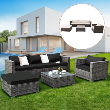 Costway Ensemble de Mobilier de Terrasse en Rotin Osier 6 Pcs Canapé Sectionnel avec 2 Housses de Coussin