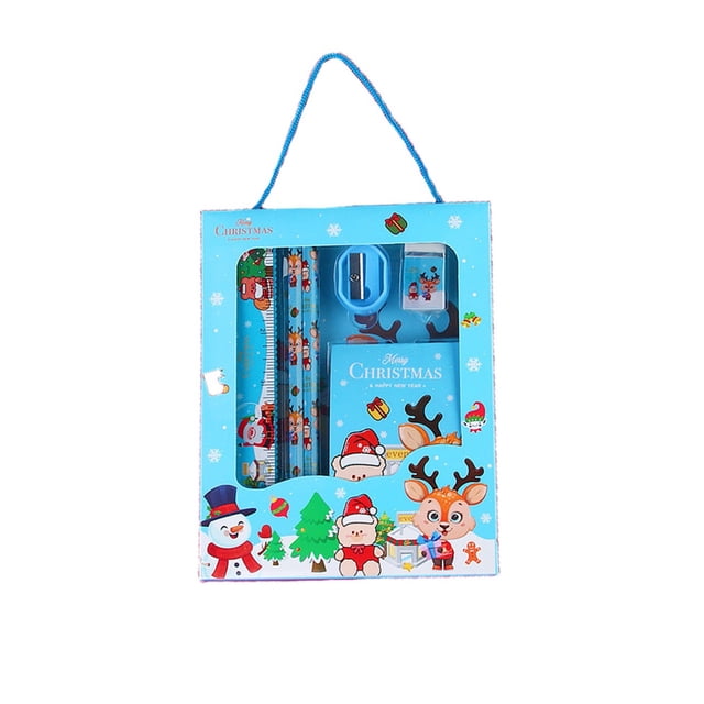 WLOELOEW 6 Piece Christmas Stationery Set For Kids Students Abs Material Blue Color Gift Box Color Blue Blue