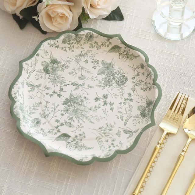 CUITING 25 Pack White Pink Paper Dessert Plates in Damask Floral Pattern 8” Round Disposable Salad Appetizer Plates with Scalloped Rims - 300 GSM