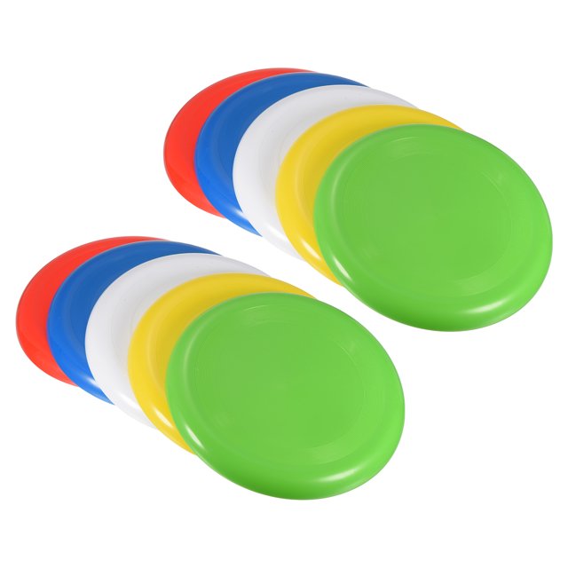 Unique Bargains 9 Inch Flying Disc Outdoor Playing Training Soft Flyer Disk, Yellow/Blue/Green/Red/White 10 Pack. The image shows a set of ten flying discs in vibrant colors: green, yellow, red, blue, and white. Made of durable PP material, these lightweight and waterproof discs feature rounded corners for easy grip and an aerodynamic edge for stable flight. Ideal for outdoor activities like lawn games, beach games, and disc golf, they are suitable for family fun or as gifts for special occasions.