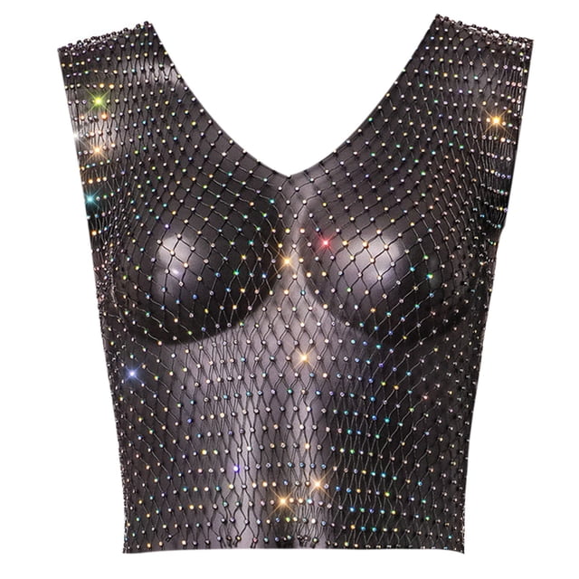 Filet de Pêche en Strass Filet Flash Gilet à Manches Courtes pour Femmes
