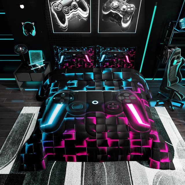 YST Ensemble de Douillette de Jeu pour Garçons, Literie de Gamer Grand Lit, Noir Réversible, Bleu Rose, Imprimé à Carreaux