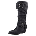 thumbnail image 1 of Slouchy Mid Calf Boots for Women Trendy Leather Pointed Toe Chunky Heel Buckle Knee High Riding Tall Boots, 1 of 5