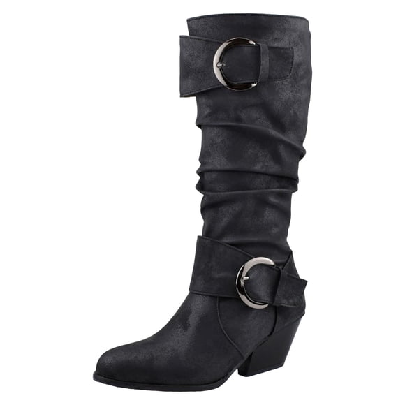 Slouchy Mid Calf Boots for Women Trendy Leather Pointed Toe Chunky Heel Buckle Knee High Riding Tall Boots
