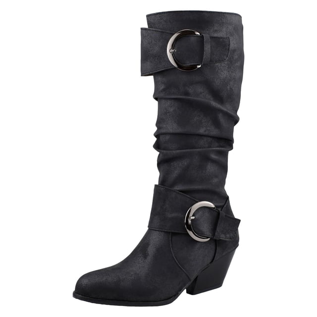 Slouchy Mid Calf Boots for Women Trendy Leather Pointed Toe Chunky Heel Buckle Knee High Riding Tall Boots