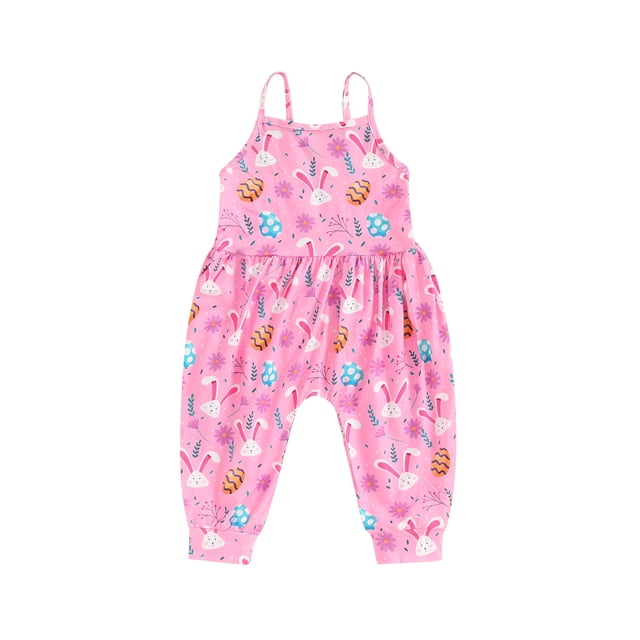 Gupgi 1-6Y Kids Girls Easter Jumpsuits Toddler Strap Sleeveless Rabbit Print Suspender Pants with Pockets. A pink sleeveless jumpsuit featuring a bunny and Easter egg print, adjustable spaghetti straps, and a loose fit. Made of 100% polyester, this romper is lightweight, breathable, and suitable for spring and summer. Designed for girls aged 1-6 years, it includes pockets and a tie closure for easy wear. Ideal for Easter celebrations, family gatherings, or casual outings.