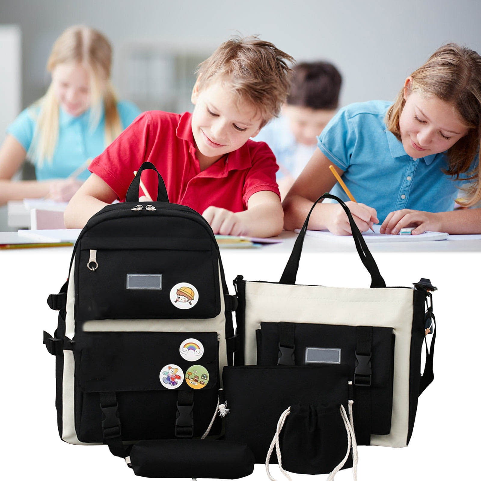 School Backpack Set Large Capacity, ZZkhGO Durable Canvas Kids Backpack for Elementary, Lightweight Easy Clean Zipper Messenger Bag Pencil Case Handbag for Day Trips