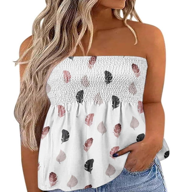 Women‘s Strapless Tank Tops Sleeveless Pleated Gradient Color Ladies Summer Boho Print Loose Fit Pullover