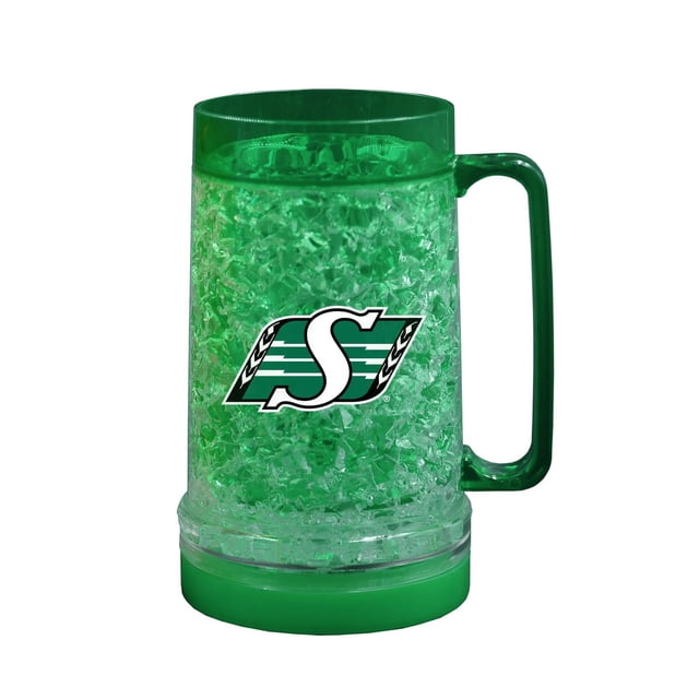 The Sports Vault Light Up Freezer Mug Saskatchewan Roughriders, a 16 oz double-wall plastic mug with freezable crystal-gel insulation, printed team logo, and removable LED base with three light modes to keep drinks cold and lit.
