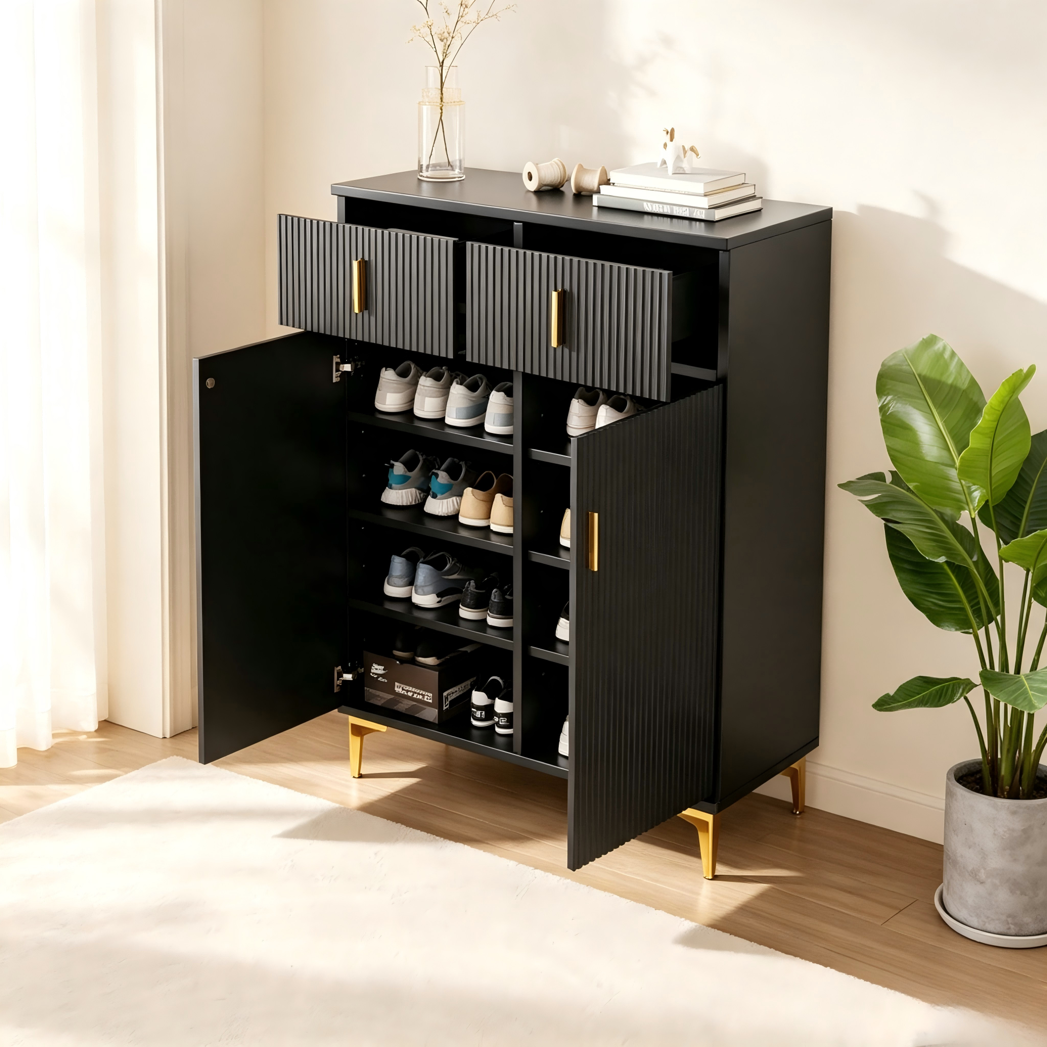 Homy Casa armoire de rangement noire avec 2 tiroirs, portes à fermeture douce et accents dorés