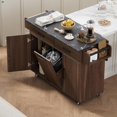 thumbnail image 3 of Farmhouse Kitchen Island with Trash Can Storage Cabinet, Kitchen Cart with Drop Leaf, Spice Rack, Towel Rack and Drawer, Rolling Kitchen Island on Wheels with Adjustable Shelf (Walnut Brown), 3 of 9
