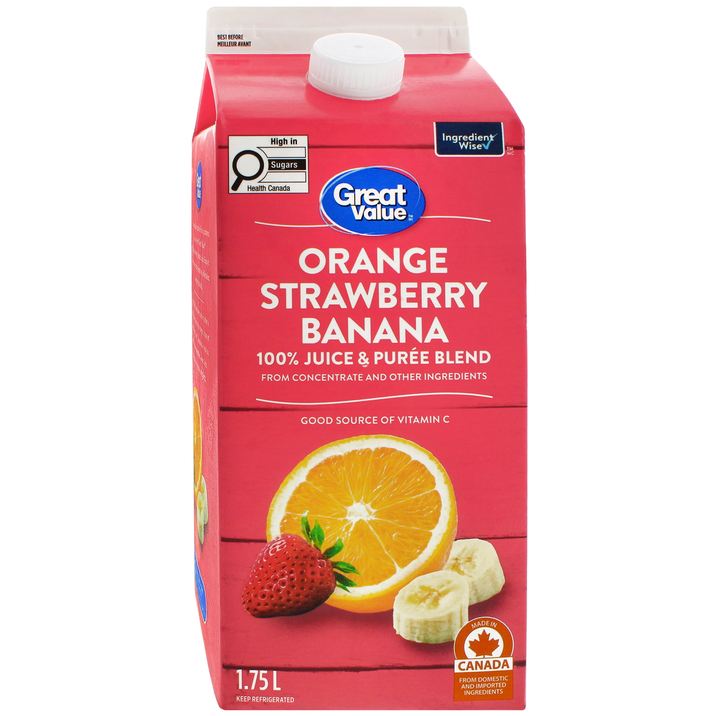 Great Value Orange Fraise Banane Jus et Mélange de Purées à 100 % Fait de Concentré et d'Autres Ingrédients
