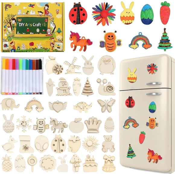 Trousse de Peinture et de Loisirs Créatifs pour Enfants (4 à 12 Ans) Comprenant 36 Aimants en Bois à Décorer Soi-Même. Parfait pour les Fêtes d'Enfants. À Décorer Soi-Même.