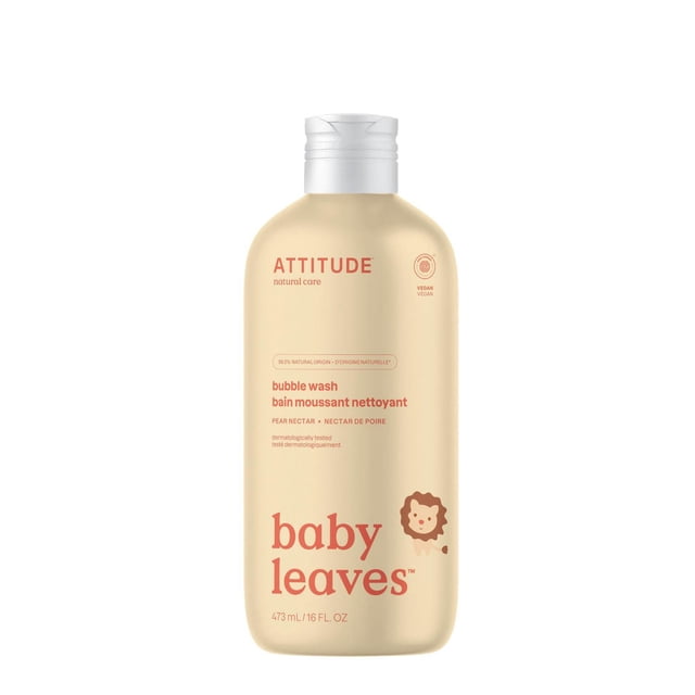 ATTITUDE baby leaves bubble wash Pear Nectar 473 mL bottle with beige packaging and orange text, featuring a small lion illustration, vegan and dermatologically tested bubble bath formulated with 98.4% naturally derived ingredients for gentle cleansing of baby's delicate skin.