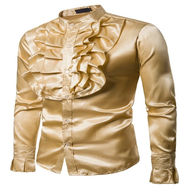 Men Satin Ruffle Shirts Long Sleeve Stand Collar Slim Fit Dress Shirt