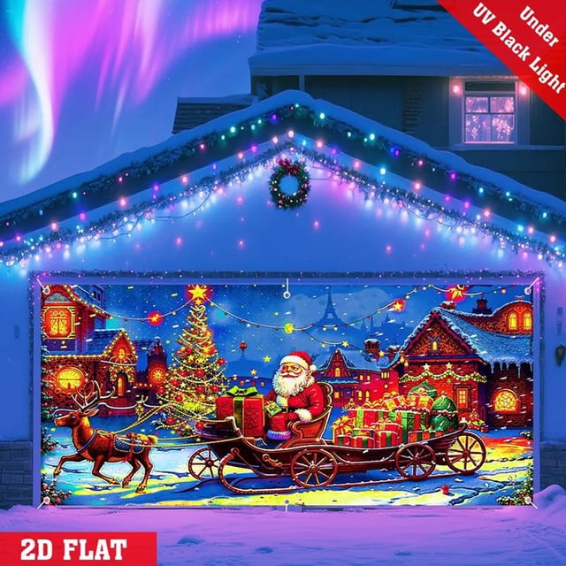 Fwttom Garage Rideau de Porte, Housse de Décoration de Noël pour Porte de Garage Housse de Décoration de Porte de Garage Père Noël Décoration des Fêtes