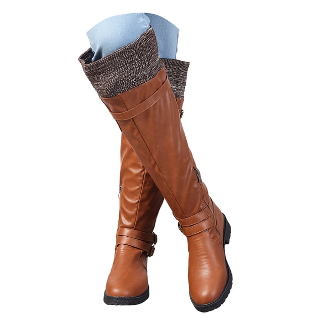 Dakaela Women's Knee High Boots Comfort Buckle Riding Combat Boot Round Toe Long Tall Fall Winter Shoes
